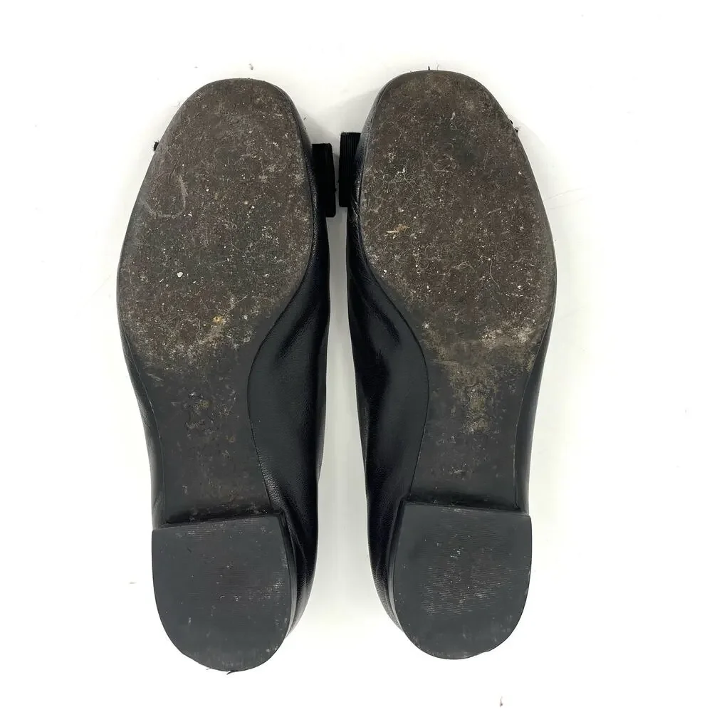 Tory Burch Black Leather‎ Gemini Logo Flat Ballet Pumps Ribbon Bow (5.5)